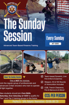 Promotional poster for PrepYou.EU’s Sunday Session, showing team-based firearms training, live-fire drills, tactical movement and shooting exercises. Sessions take place every Sunday at 13:00 in Sofia, Bulgaria, with ammunition included.