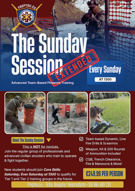 Extended Sunday Session poster for advanced firearms training in Sofia, including 200 rounds, team-based live-fire drills and full safety kit