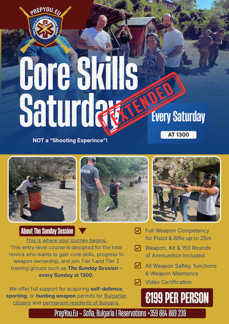 Extended Core Skills Saturday firearms training in Sofia with 150 rounds, full safety kit and instructor-led range time