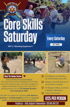 Promotional poster for PrepYou.EU’s Core Skills Saturday firearms course, showing students practising rifle and pistol shooting, weapon handling and field shooting drills. Sessions take place every Saturday at 13:00.