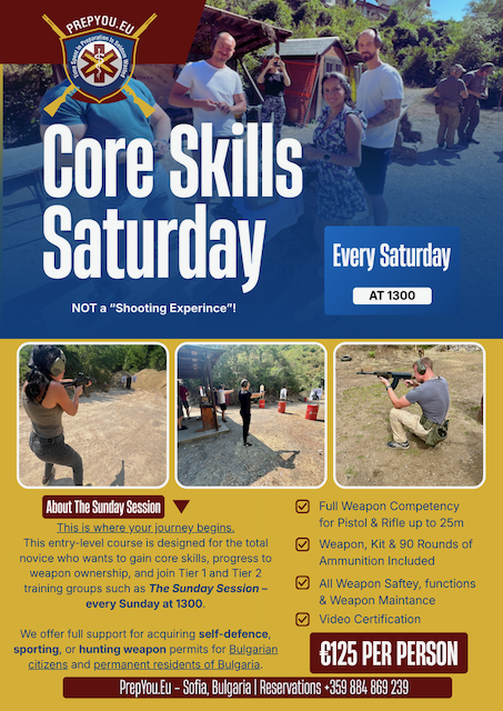 Promotional poster for PrepYou.EU’s Core Skills Saturday firearms course, showing students practising rifle and pistol shooting, weapon handling and field shooting drills. Sessions take place every Saturday at 13:00.