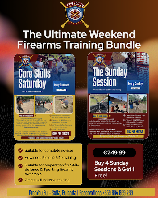 The Ultimate Weekend Firearms Training Bundle poster featuring Core Skills Saturday and The Sunday Session in Sofia, Bulgaria.